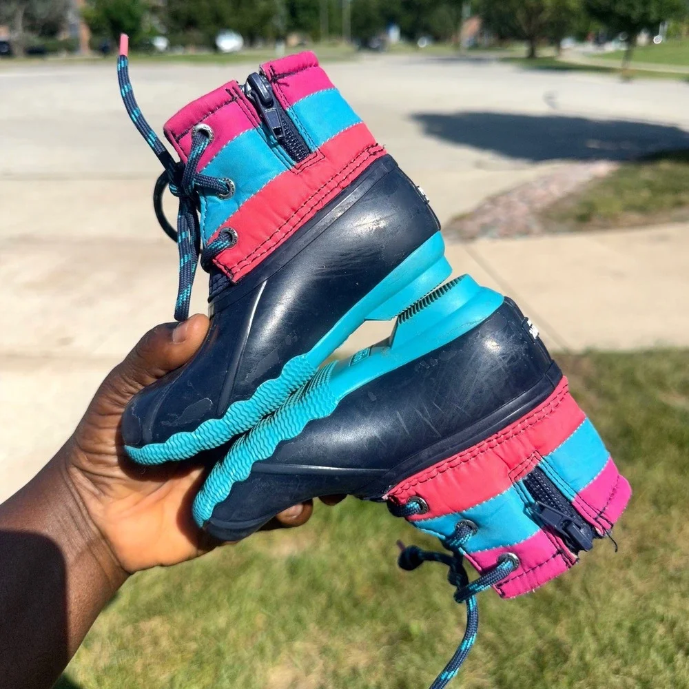 Sperry Toddler Girl Saltwater Duck Boots Size 7 Navy Pink Teal Rubber Shoes